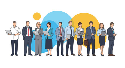 A diverse group of professional business people in various poses, some holding laptops and tablets, symbolizing corporate teamwork.