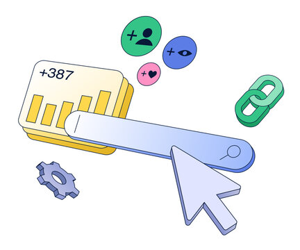 Search bar with analytics and social media icons, SEO metrics and link building