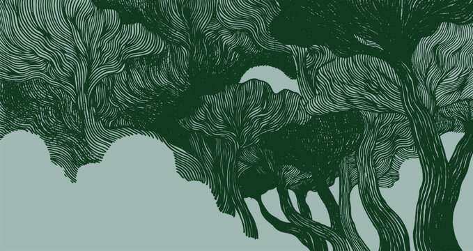Hand drawn brush lines artistic forest background with abstract stylized flowing and distorted trees in monochromatic green, Japanese and ethnic wood carving, block print texture graphic for textile a