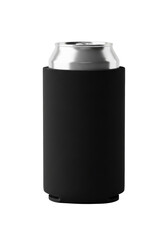 Obraz premium pristine matte black neoprene can cooler, holding a reflective silver aluminum beverage can, isolated on a brilliant white background, ultra detailed commercial product mockup template