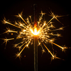 Fototapeta premium Golden firework sparkler glowing in dark background, macro shot 