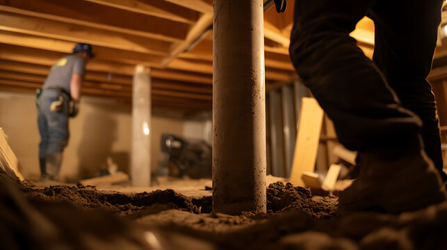 Foundation Repair: A worker is stabilizing a home's structure, pouring concrete for added support in the crawl space. Strengthening infrastructure and ensuring long-term safety.