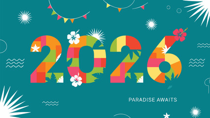 Happy New Year 2026 Greeting with Tropical Hawaiian Hibiscus Flowers and Summer Vacation Vibes. Colorful Celebration Banner Art