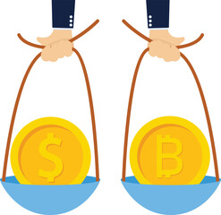 Balance Your Portfolio Between Bitcoin and Dollars. The concept of investing in currency. Foreign exchange trading.

