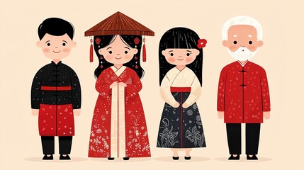 Three generations celebrate chinese new year eve in traditional attire at a cozy family gathering