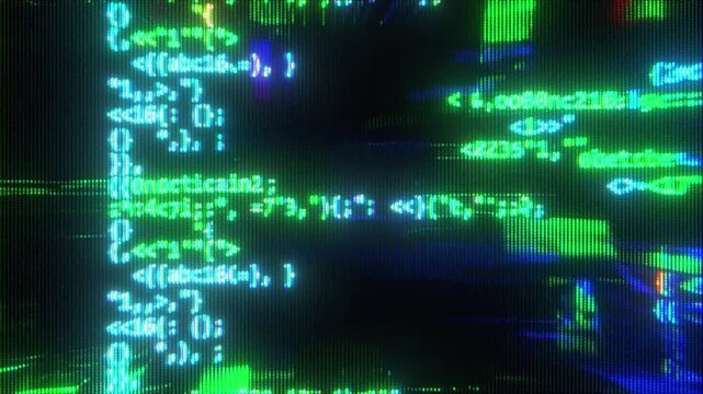 4K Glitch programming code screen animation, green syntax text on digital interface, scrolling source code fragments, signal distortion and noise interference, cyber system display, abstract software 