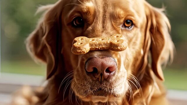 Close-up of a Golden Retriever dog balancing a treat on its nose. Obedient pet waiting patiently with a biscuit on its snout. Animal training and self-control concept