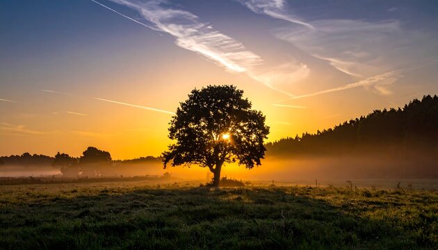 Sunrise Tree Field Landscape Serenity. - Powered by Adobe