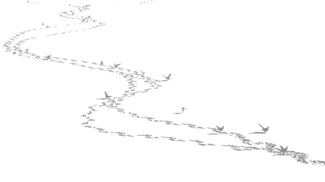 Winding path of animal footprints and flying birds in fresh snow, a serene winter nature journey