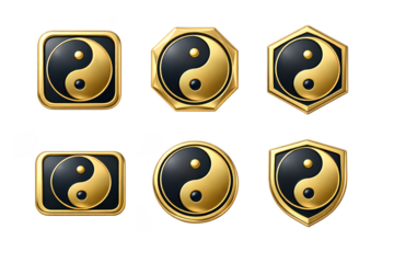 Gold yin yang symbols set on transparent background
