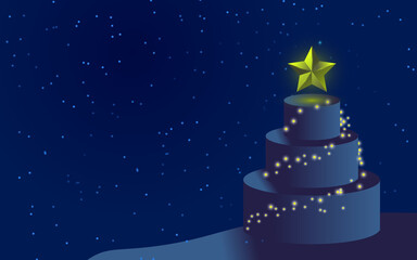 Abstract Christmas Tree with Glowing Star and Lights on Night Sky