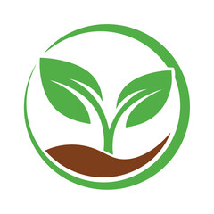 Green leaf sprouting from brown soil in a circular outline