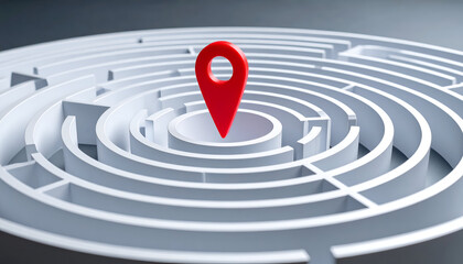 Labyrinth with red marker at the goal representing challenge, focus, and achieving objectives.