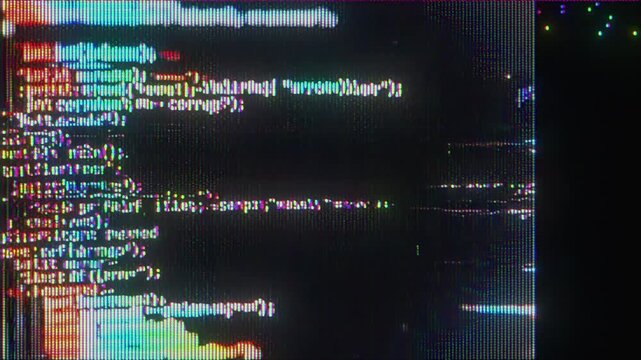 4K Glitch programming code screen animation, multicolor syntax text fragments on dark digital interface, scrolling source code blocks, RGB scanlines, signal distortion, noise interference, cyber
