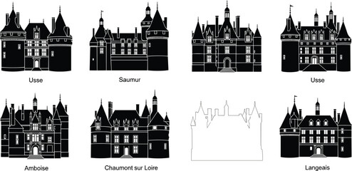Obraz premium Set of Loire Valley Castles silhouettes, famous French chateaus, Usse, Saumur, Amboise, Chaumont, Langeais, historic landmarks