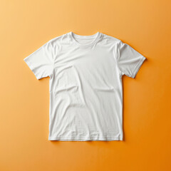 Mockup with white t-shirt on orange surface. Empty shirt for design and branding