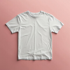 White t-shirt laying on light pink surface. White empty shirt for design and branding