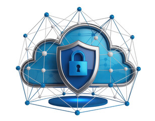 Blue cloud with shield and lock and network connections isolated on a transparent background