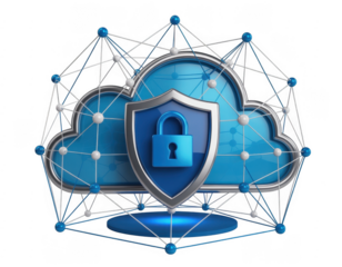Blue cloud with shield and lock and network connections isolated on a transparent background