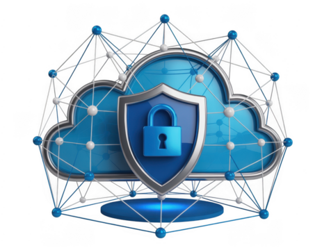 Blue cloud with shield and lock and network connections isolated on a transparent background - Powered by Adobe