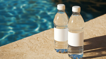 Two water bottles rest on a stone ledge beside a sparkling blue swimming pool, capturing a moment of refreshing tranquility under the sun. Stay hydrated and enjoy the poolside vibes.