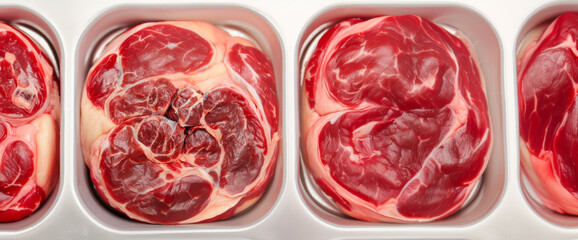 Obraz premium Uniform Meat Display, Refrigerated Steak Rows Showcase Fresh Quality Appeal, Display Of Three Uniform Steaks In Refrigerated Case Emphasizes Freshness And Consumer Choice Slow motion video fps.