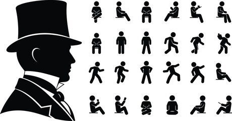 Victorian gentleman silhouette with hat alongside human pictogram icon set showing various sitting standing walking poses isolated white background