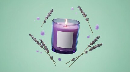 Blank label on purple candle jar levitating with lavender on pastel background
