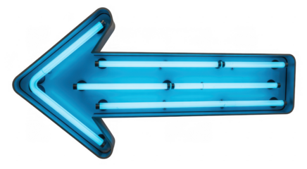 Blue neon arrow sign pointing to the left isolated on a transparent background