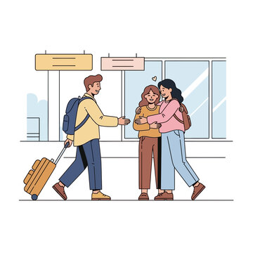 Emotional airport moment friends hug at departure gate, a heartfelt scene of goodbyes or warm welcomes before a journey