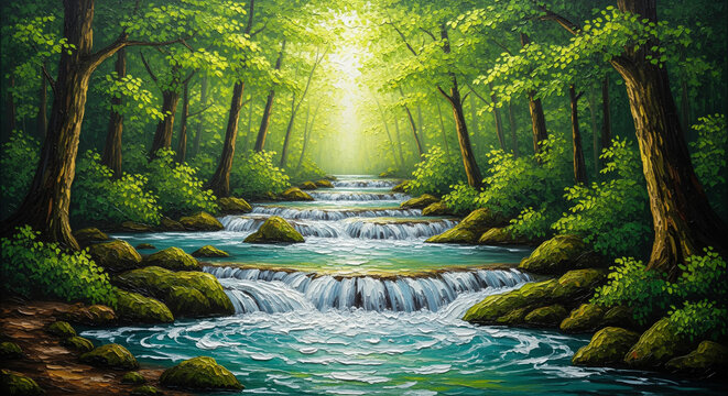 Lush Forest Stream and Waterfalls 3D Oil Painting relief wallpaper for mural wall art, canvas print, wall decor painting design