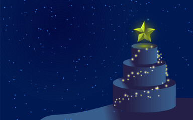 Abstract Christmas Tree with Glowing Star and Lights on Night Sky