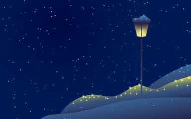 Winter Night Street Lamp with Falling Snow and Copy Space