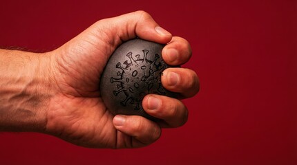 Male hand squeezing grey ball with coronavirus drawing on red background