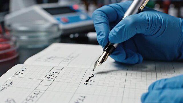 A focused researcher meticulously writes essential data in a lab notebook while surrounded by colorful liquids and advanced equipment. Gloves protect hands as science unfolds.