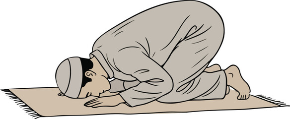 Devout Muslim Man Prostrating During Islamic Prayer on Mat