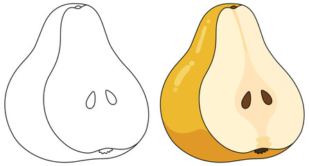Pear slice in a clean cartoon style showing a smooth yellow exterior and soft interior with two seeds presented as a simple fruit illustration ideal for food related designs