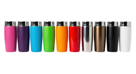 twelve colorful, chrome-capped stainless steel travel tumblers perfectly lined up on a transparent studio background with sharp shadows, high-key commercial product diversity concept