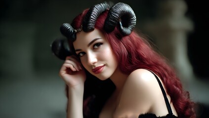 Fototapeta premium Mystical fantasy portrait of a seductive woman with black curved horns, confident expression and alluring smile, symbolizing power, temptation, mystery and dark elegance in a cinematic atmosphere.