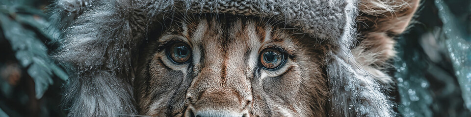 Intense Portrait of a Lynx Wearing a Furry Winter Trapper Hat in a Cold Snowy Forest