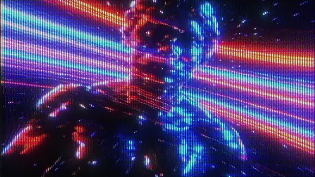 4K Glitch humanoid performance animation, abstract digital figure, RGB light streaks and particles, dynamic motion across dark space, energetic concert background visual animation, music video design