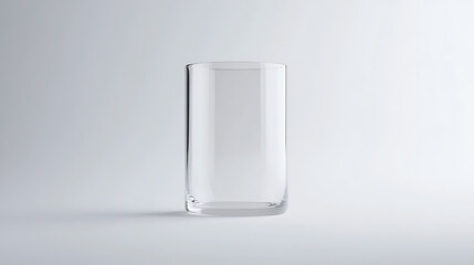 A minimalistic still life captures a clear, cylindrical glass on a soft gray background. The sleek design emphasizes simplicity & form, highlighting the object's transparency.