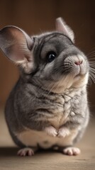 cute baby chinchilla looking up, innocent expression, soft lighting