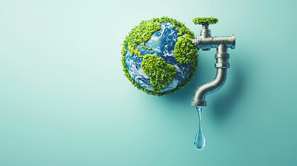 Earth covered in greenery with a dripping water tap planet globe isolated on a transparent background