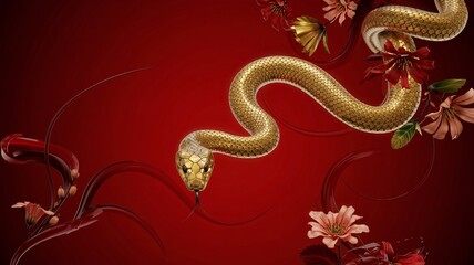 Obraz premium Golden snake winding through vibrant flowers on red background