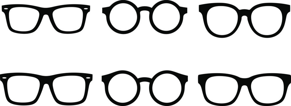 Stylish eyeglass frame collection in six modern shapes including round, rectangular, and cat-eye designs for fashion and optical themes