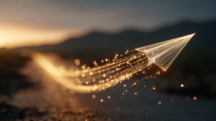 A glowing arrow made of light trails and particles, soaring against a blurred landscape, evokes motion and creativity.