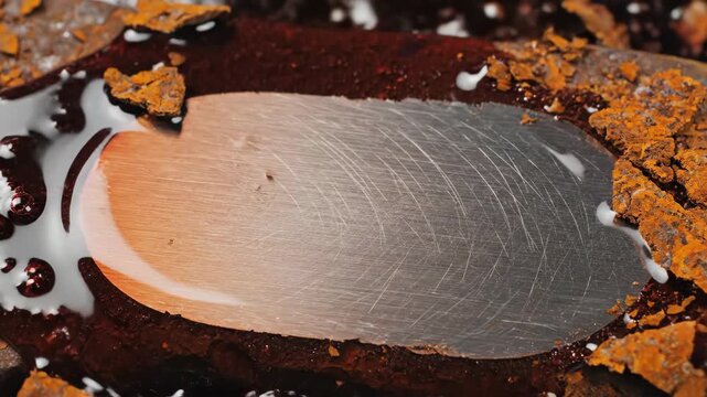 Water drips onto a rusty surface, revealing layers of texture and color. The transformation unfolds with each drop, uncovering a gleaming metallic sheen and a story of renewal.