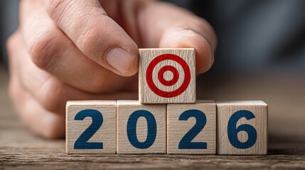 A hand places a wooden block with a target symbol on top of numbered blocks reading "2026," symbolizing goal-setting or future planning.