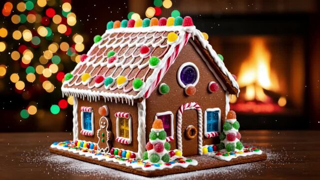 Happy festive gingerbread house, traditional baking delight. Warm candy decoration on table for cozy Christmas